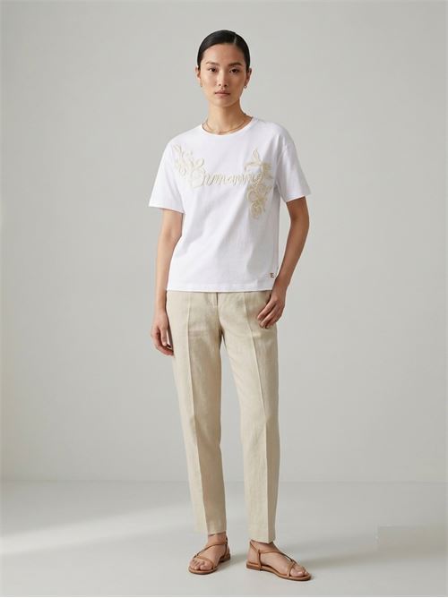 Short-sleeved white cotton jersey T-shirt embellished with intricate 3D floral scrollwork and corded embroidery across the chest, adding a textured, artisanal dimension to the classic tee. Ermanno Firenze | D48EL039EE8MFB20